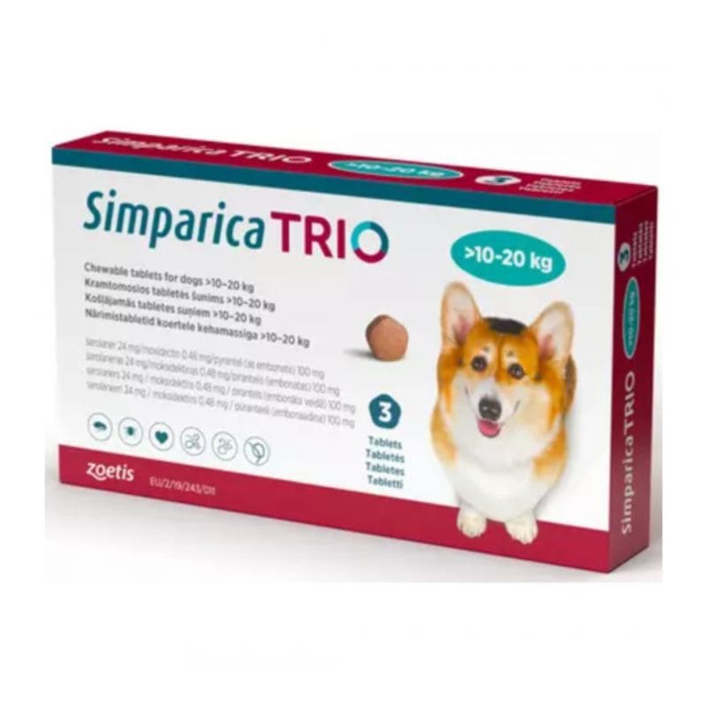 Simparica Trio Masticable Desparasitante Externo e Interno para Perro 10-20 kg, 3 Tabletas