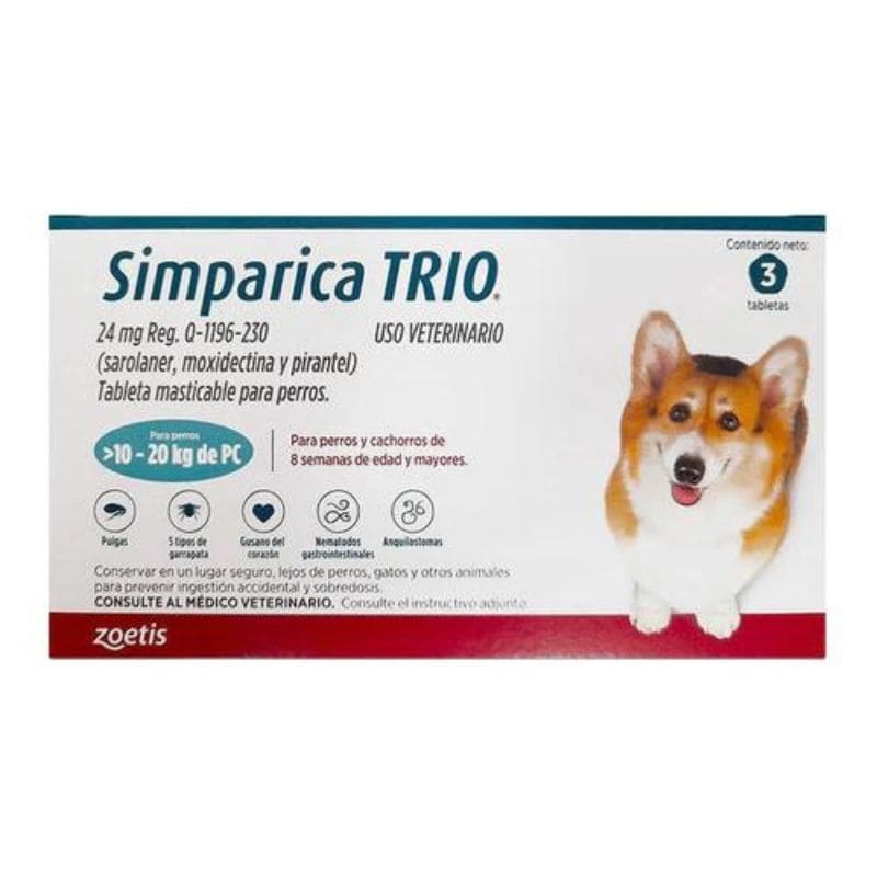 Simparica Trio Masticable Desparasitante Externo e Interno para Perro 10-20 kg, 3 Tabletas