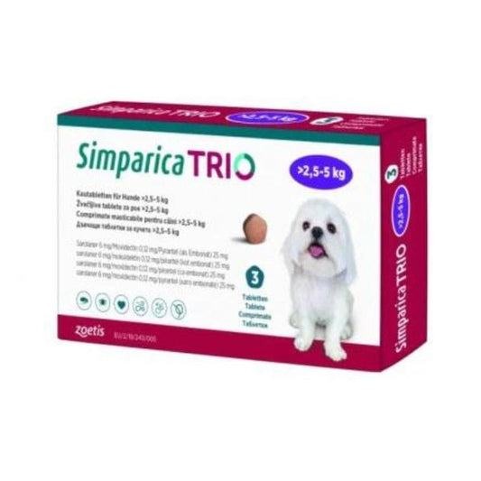 Simparica Trio Masticable Desparasitante Externo e Interno para Perro 2.5-5 kg, 3 Tabletas