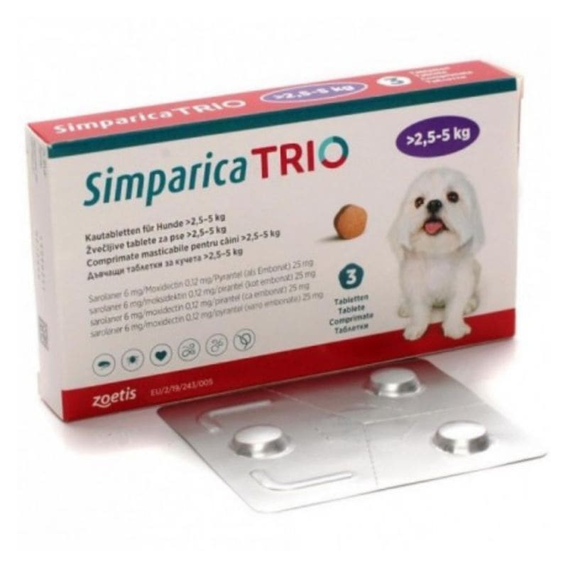 Simparica Trio Masticable Desparasitante Externo e Interno para Perro 2.5-5 kg, 3 Tabletas