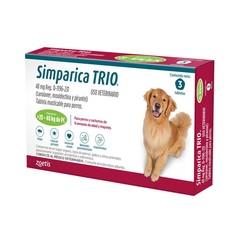 Simparica Trio Masticable Desparasitante Externo e Interno para Perro 20-40 kg, 3 Tabletas