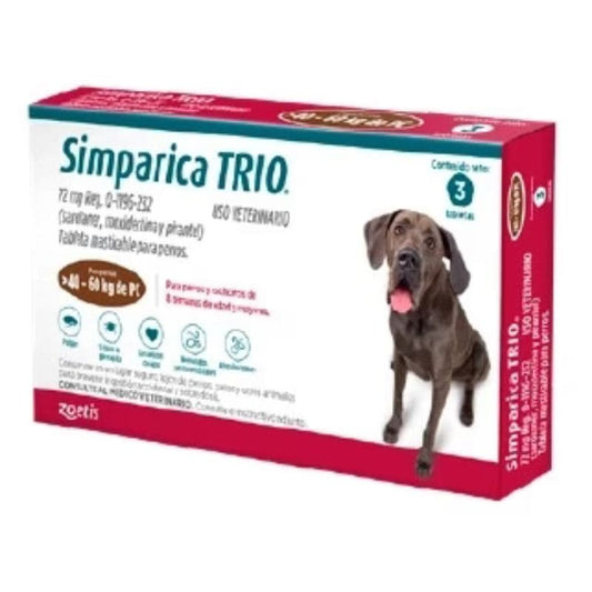 Simparica Trio Masticable Desparasitante Externo e Interno para Perro 40-60 kg, 3 Tabletas