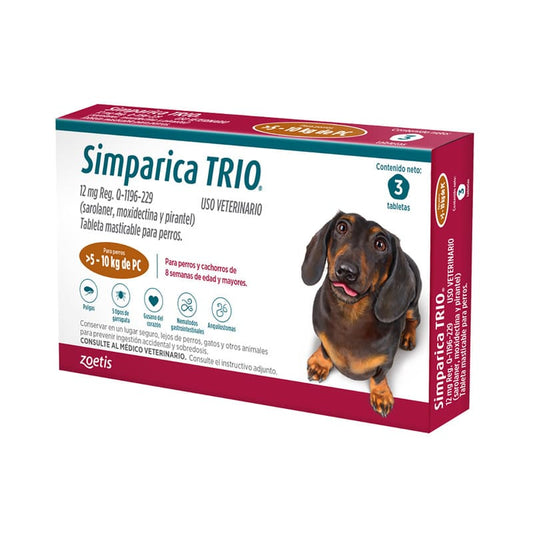 Simparica Trio Masticable Desparasitante Externo e Interno para Perro 5-10 kg, 3 Tabletas