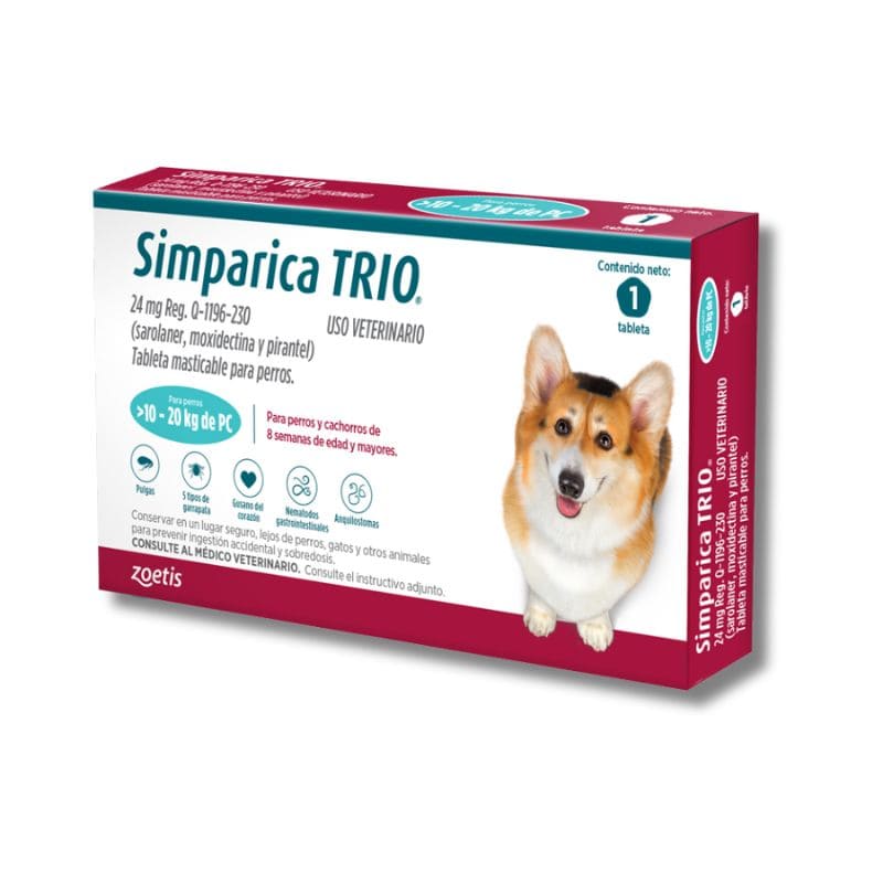 Simparica Trio Masticable Desparasitante Externo e Interno para Perro, 10 - 20 kg. 1 Tableta