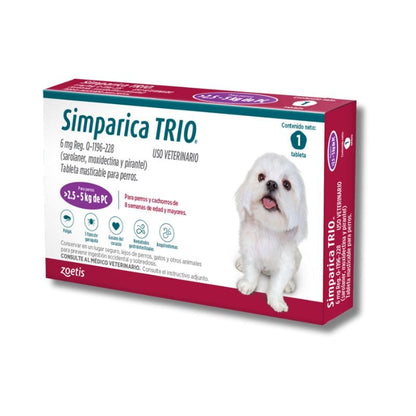 Simparica Trio Masticable Desparasitante Externo e Interno para Perro, 2.5 - 5 kg. 1 Tableta