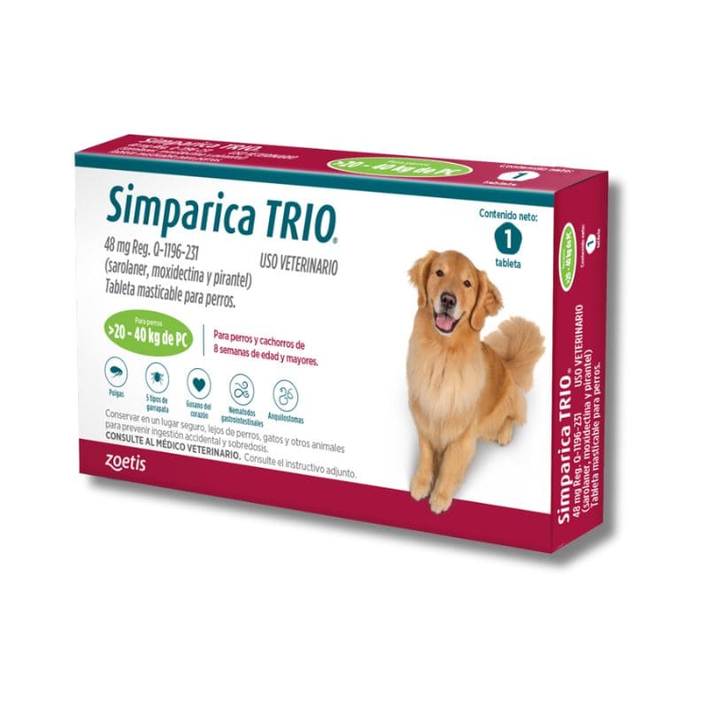 Simparica Trio Masticable Desparasitante Externo e Interno para Perro, 20 - 40 kg. 1 Tableta